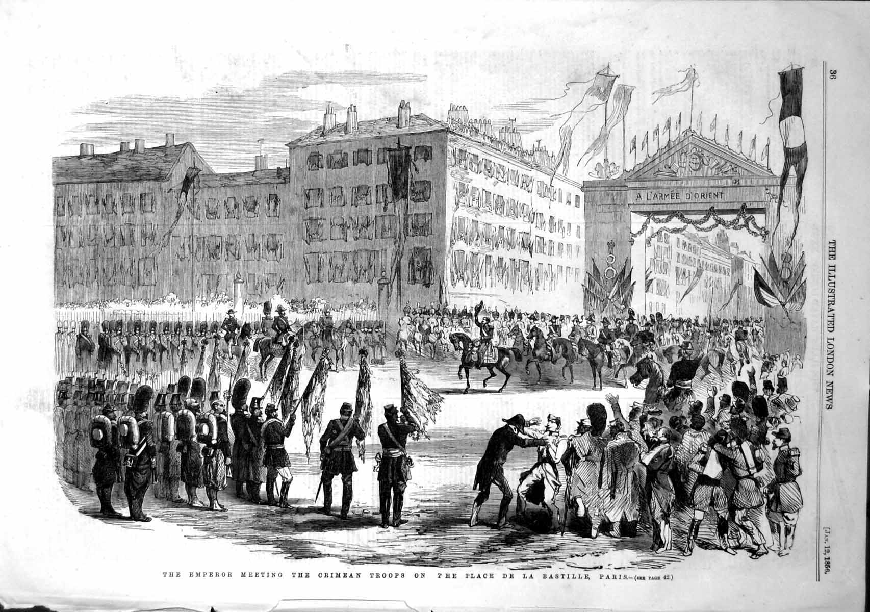 Antique Print Emperor Crimean Troops La Bastille Paris Splendid Meteor 1856