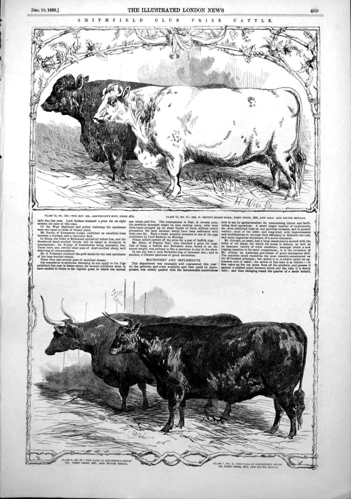 Antique Print Smithfield Club Prize Cattle American Thrashing Machine 1853 19th