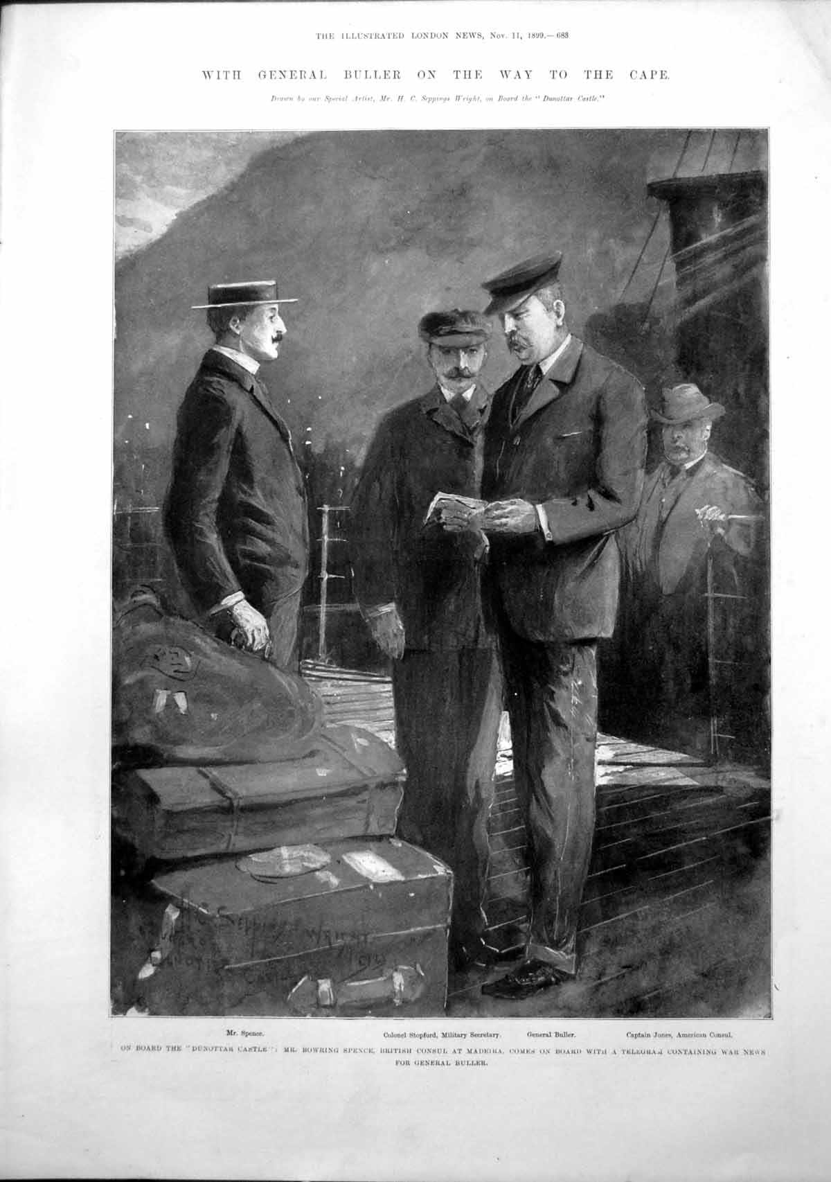 Old Antique Print General Buller Way Cape On Board Dunottar Castle 1899 19th