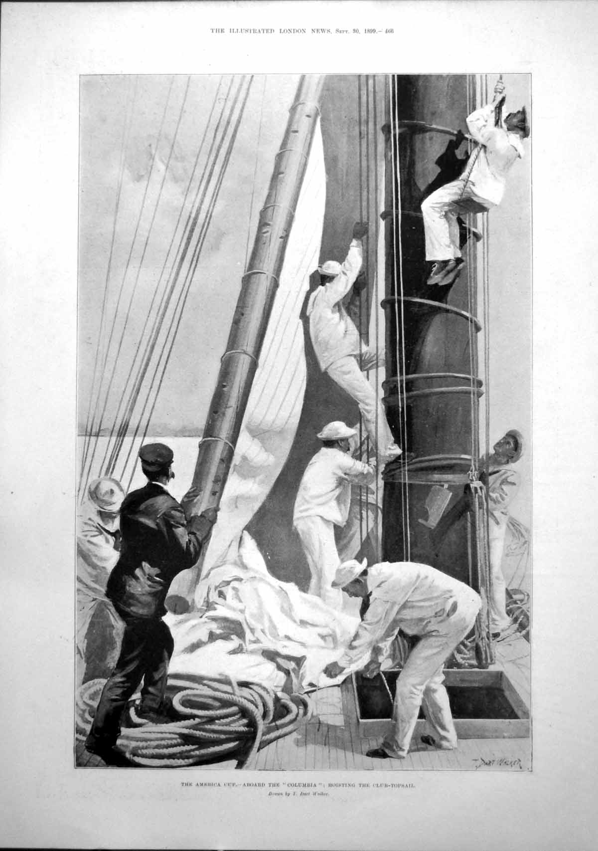 Old Print Annexation Mirs Bay America Cup Columbia Hoisting Top Sail 1899 19th