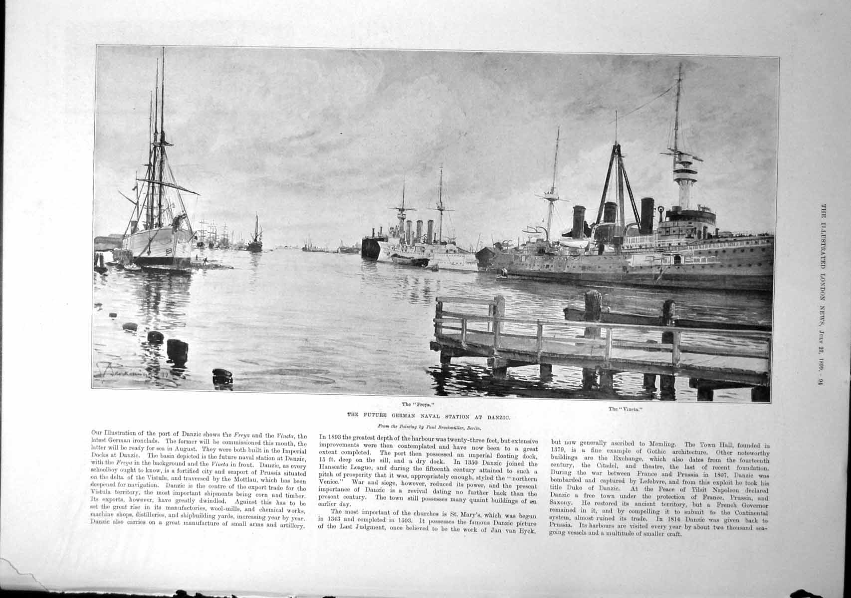 Antique Old Print Future German Naval Station Danzic Kew Bridge Barges 1899