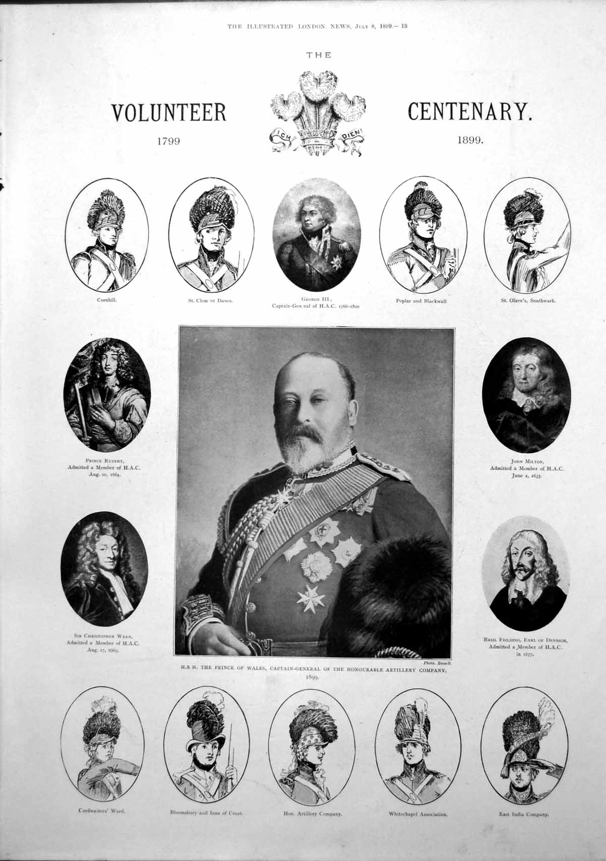 Antique Old Print Volunteer Centenary Prince Wales Sir Christopher Wren 1899