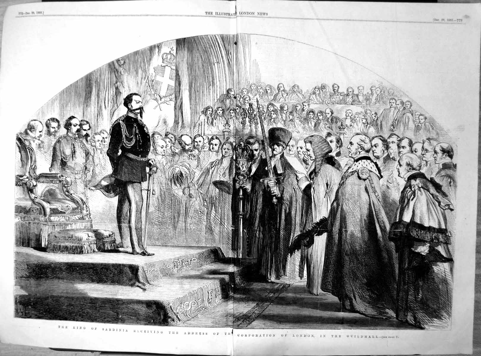 Old Antique Print King Sardinia Address Corporation London Guildhall 1855 19th
