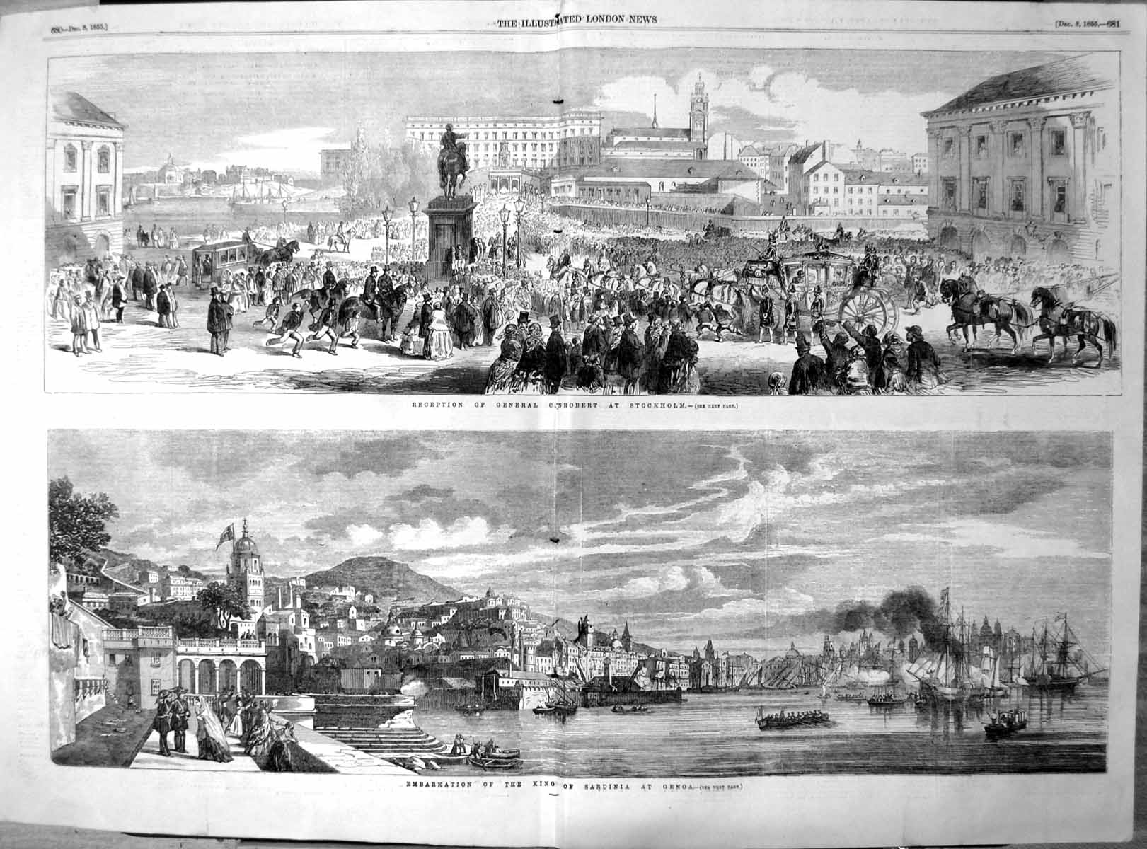 Antique Old Print Reception Gen Canrobert Stockholm King Sardinia Genoa 1855