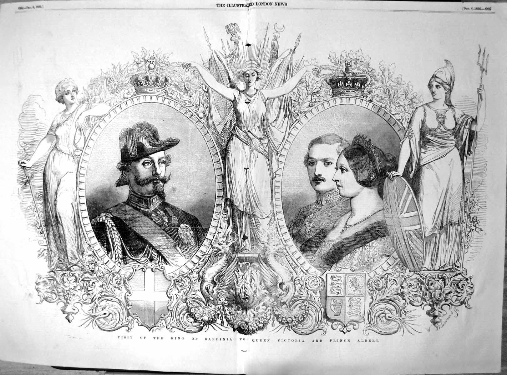 Old Antique Print Visit King Sardinia Queen Victoria Prince Albert 1855 19th