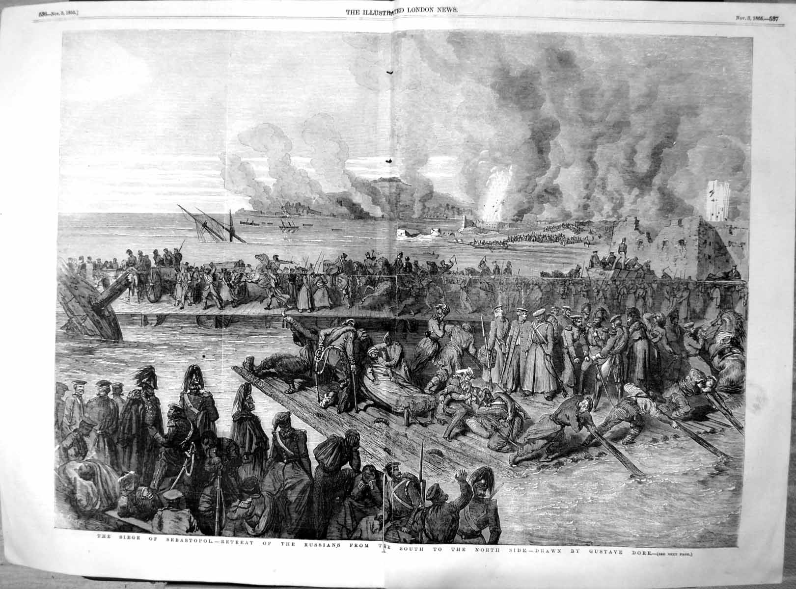 Old Print Siege Sebastopol Retreat Russians South North Side G Dore 1855 19th