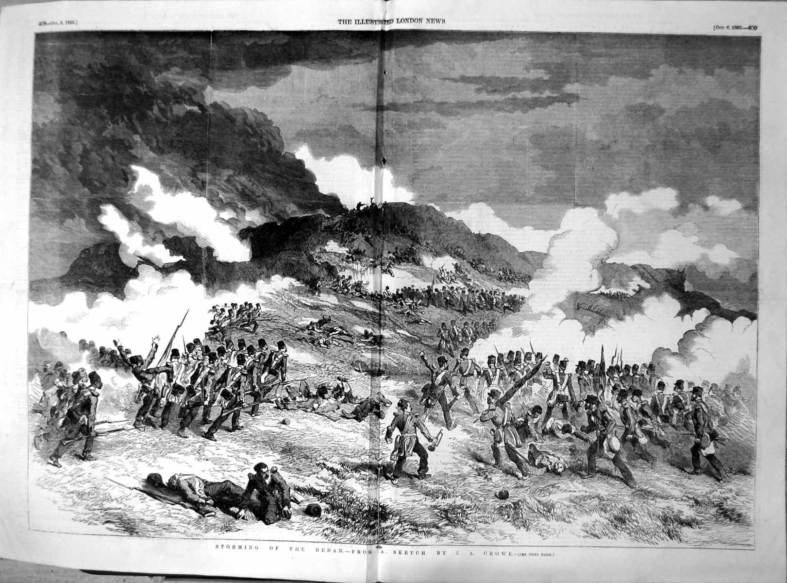 Antique Old Print Storming Redan Ja Crowe British Light Division Assault 1855