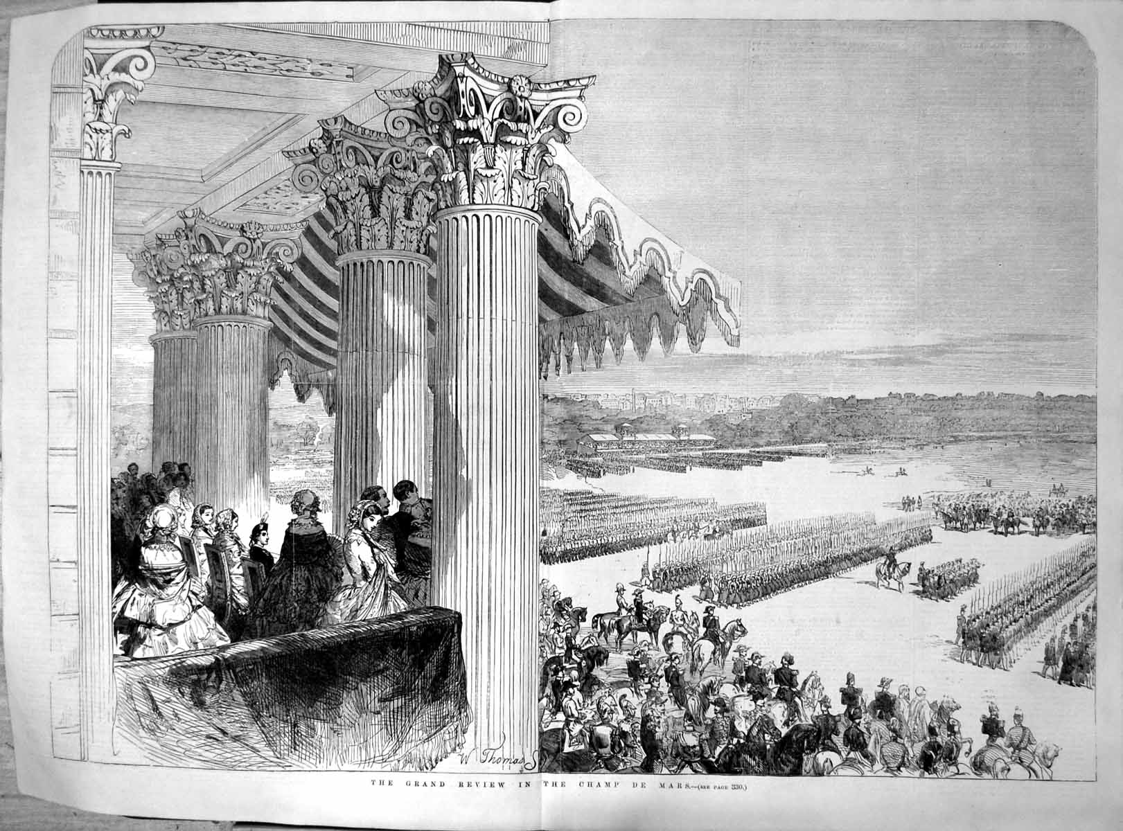 Original Old Antique Print Grand Review Champ De Mars W Thomas 1855 Victorian