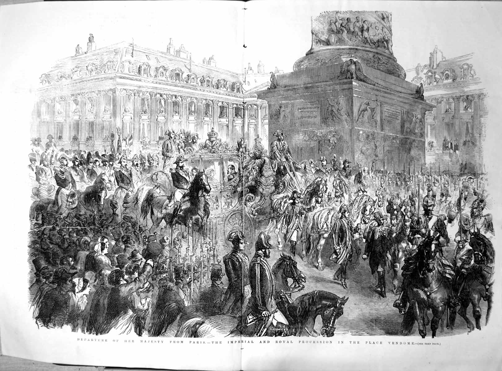 Antique Old Print Departure Queen Paris Royal Procession Place Vendome 1855