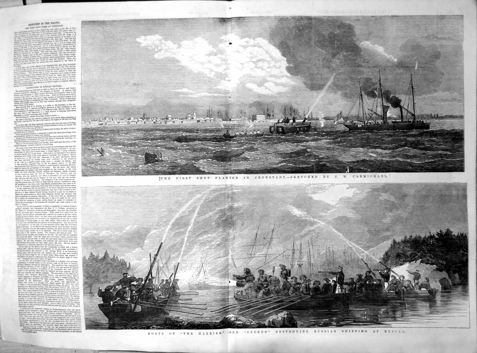 Antique Print Boats Harrier Cuckoo Destroying Russian Shipping Nystad 1855 19th