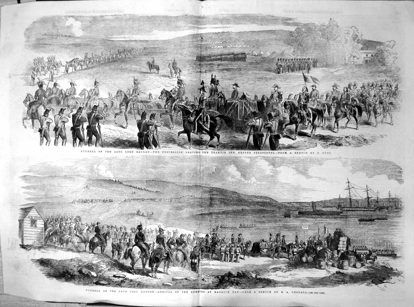 Old Antique Print Funeral Lord Raglan Procession Arrival Kazatch Bay 1855 19th
