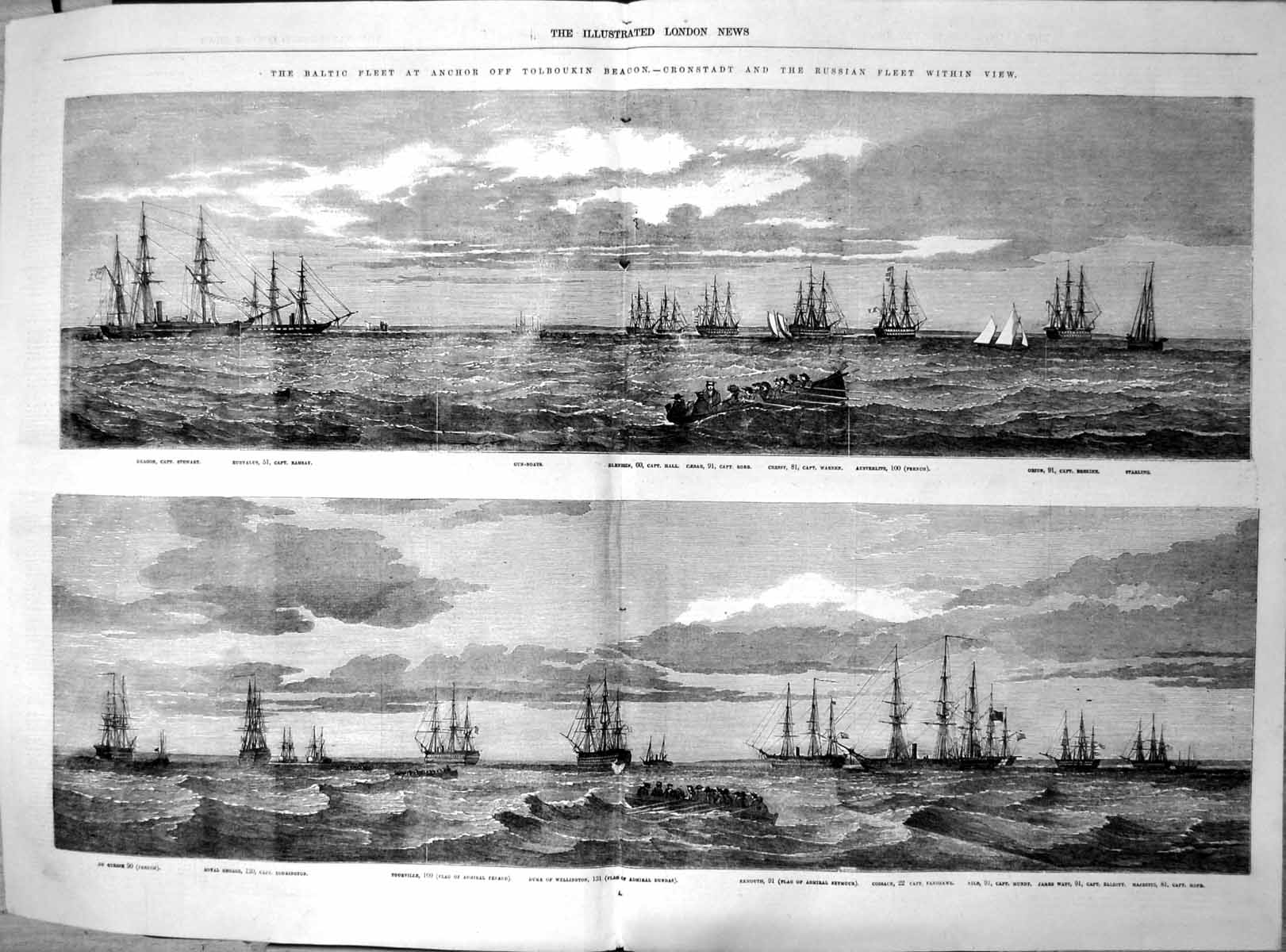 Antique Old Print Baltic Fleet Tolboukin Beacon Cronstadt Russian Ships 1855