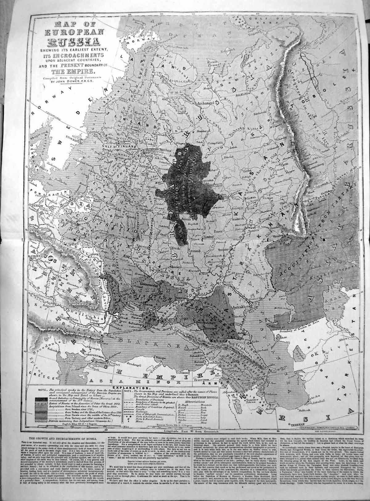 Antique Old Print Map European Russia Encroachments Adjacent Countries 1855