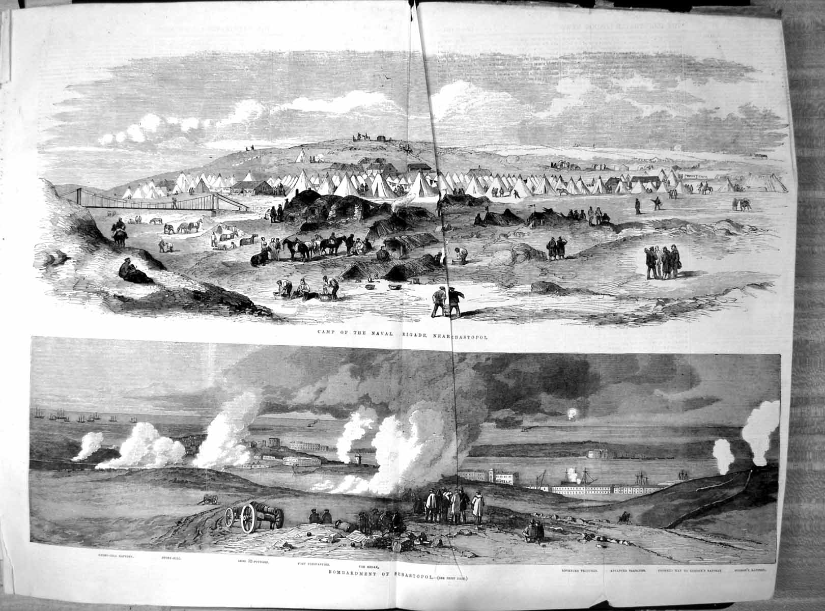 Original Old Antique Print Bombardment Sebastopol Camp Naval Brigade Redan 1855