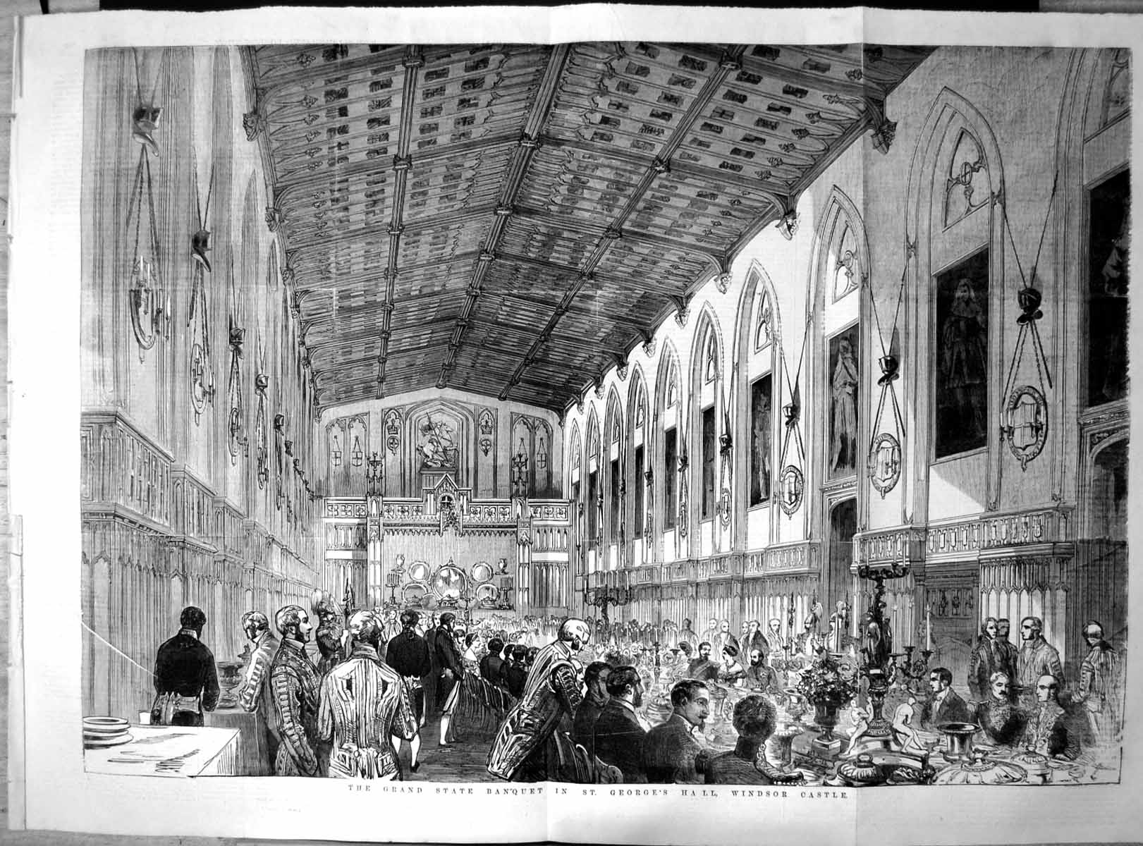 Old Antique Print Grand State Banquet St Georges Hall Windsor Castle 1855 19th