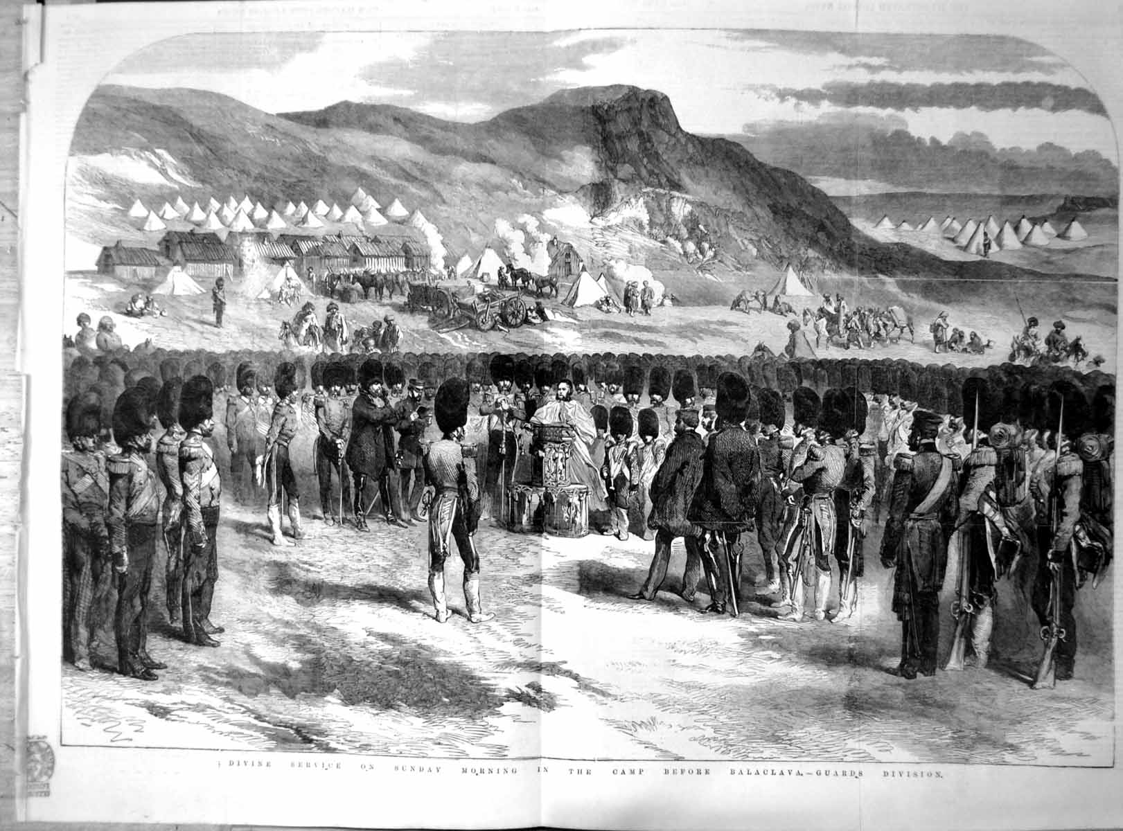 Antique Old Print Divine Service Sunday Camp Balaclava Guards Division 1855