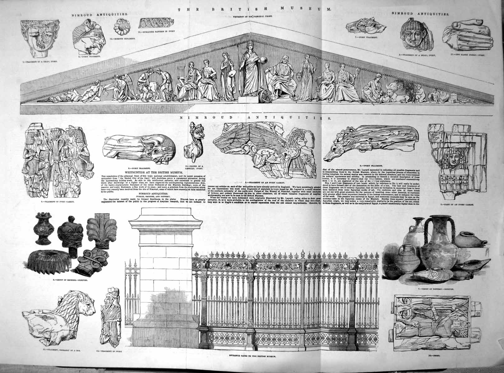 Antique Print British Museum Nimroud Antiquities Pottery Ivory Bronze 1852 19th