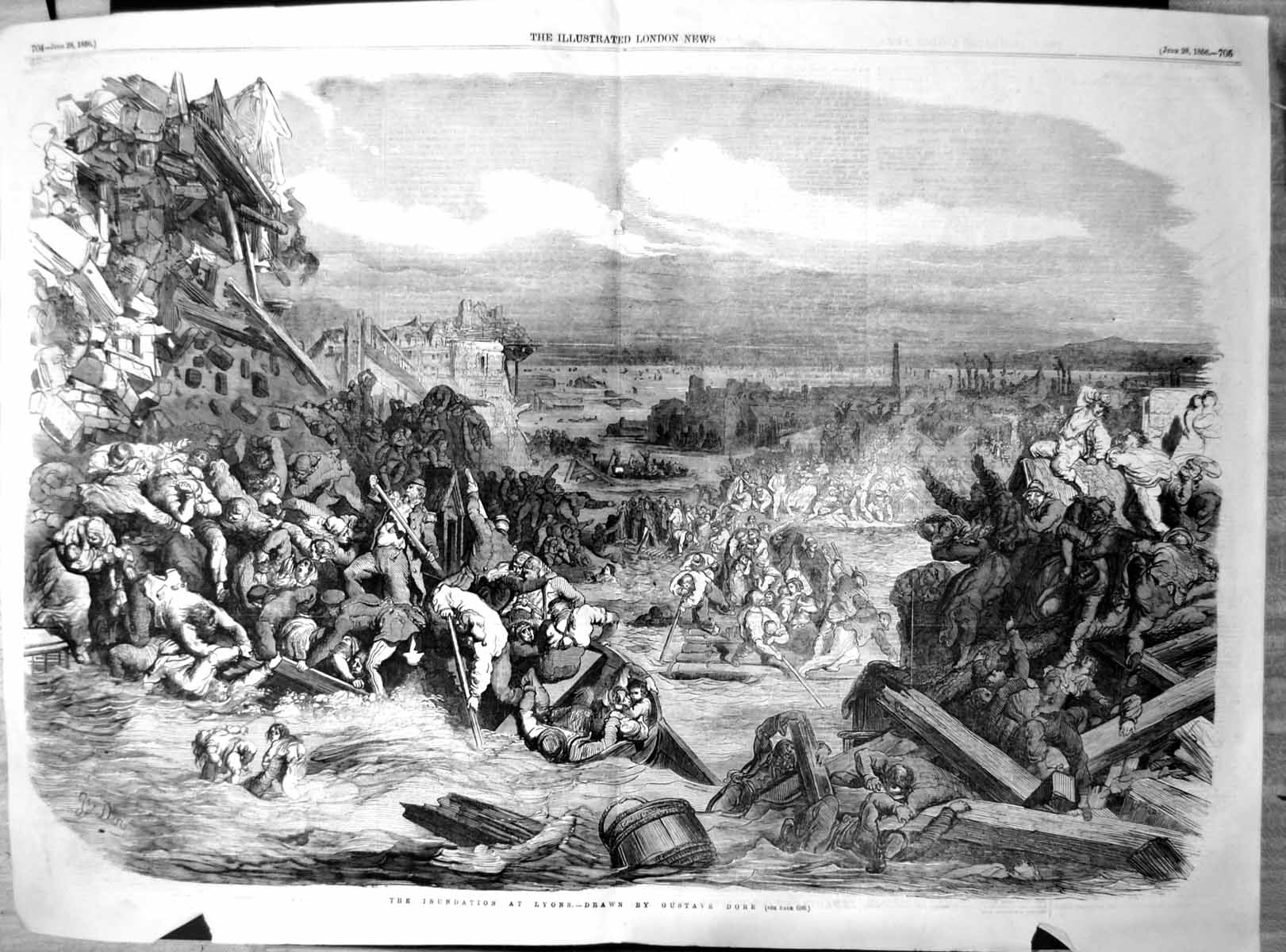 Old Antique Print Inundation Lyons People Drowning Buildings Damaged 1856 19th