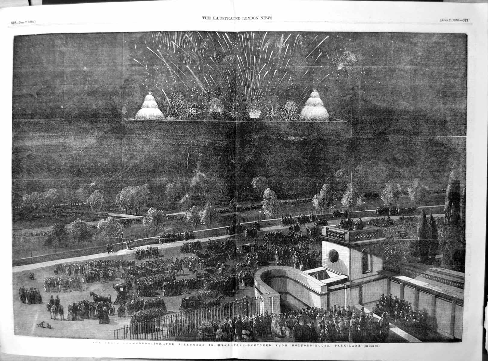Antique Old Print Peace Commemoration Fireworks Hyde Park Holyrood House1856