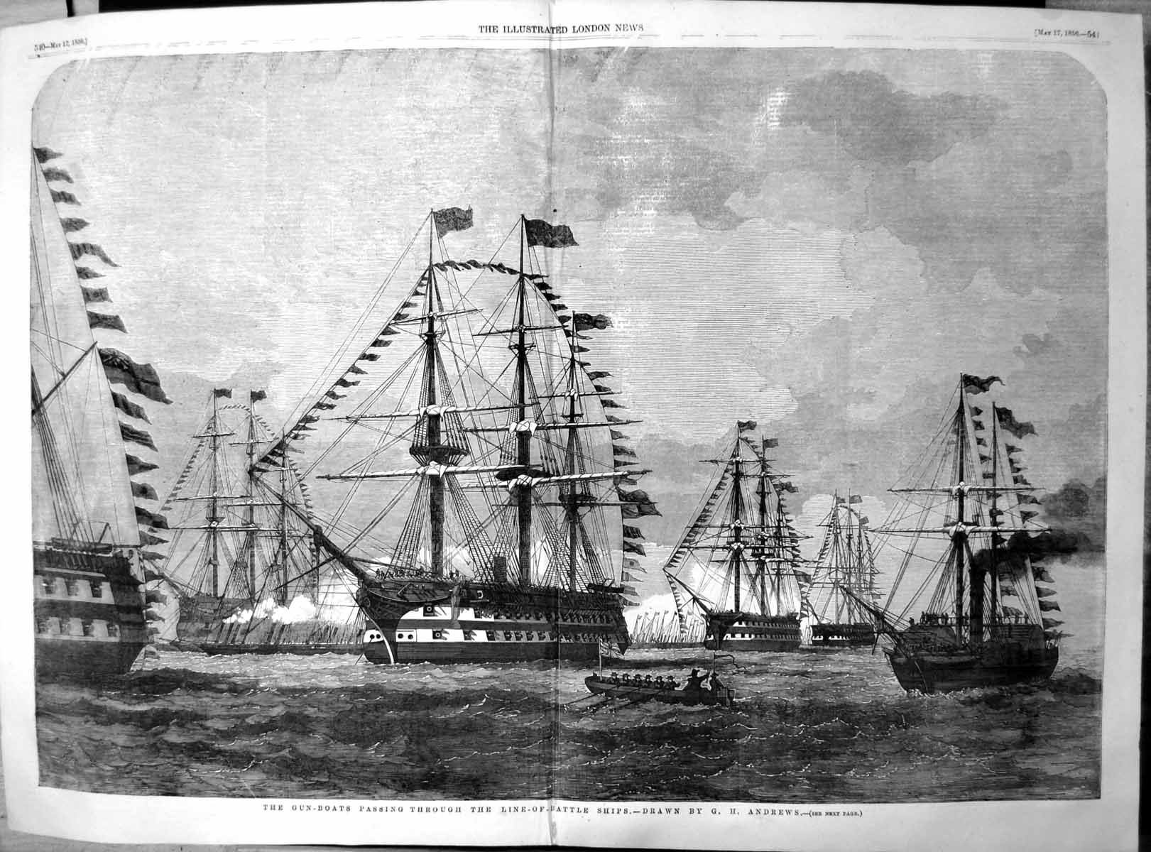 Antique Old Print Gun Boats Passing Through Line Battle Ships G Andrews 1856