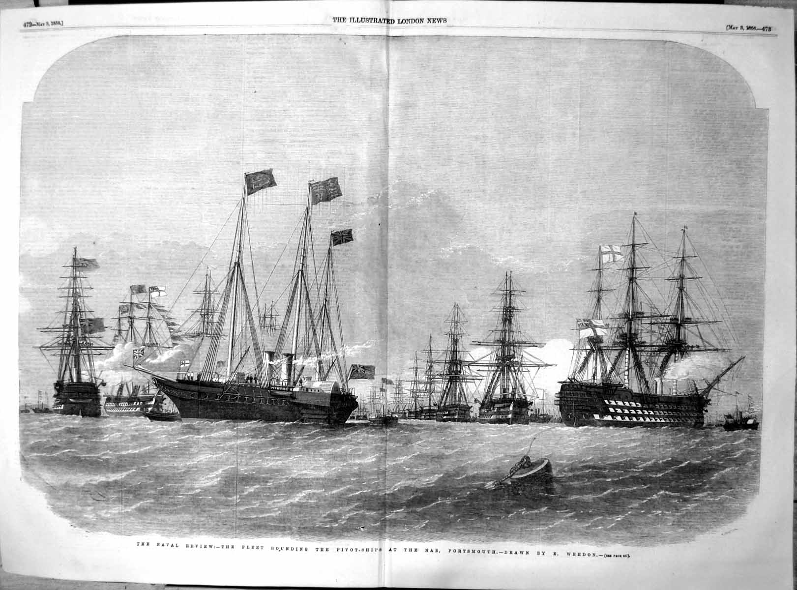 Antique Old Print Naval Review Fleet Rounding Pivot Ships Nab Portsmouth 1856
