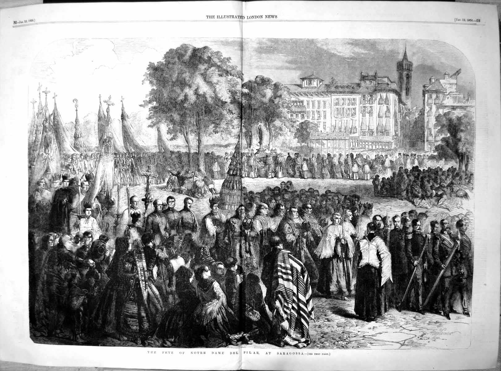 Original Old Antique Print Fete Notre Dame Del Pilar Saragossa Banks Ebro 1856