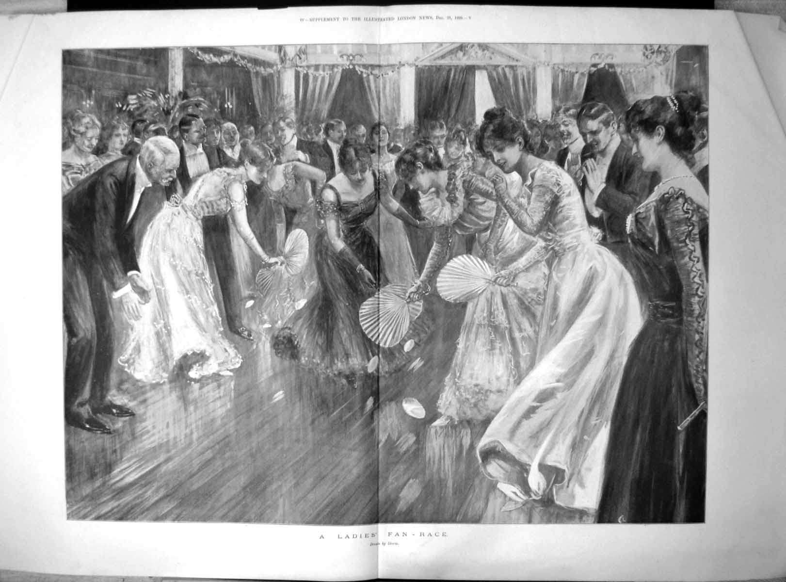 Old Antique Print Ladies Fan Race Sherie Ladies Ball Gowns Fans Ball 1899 19th