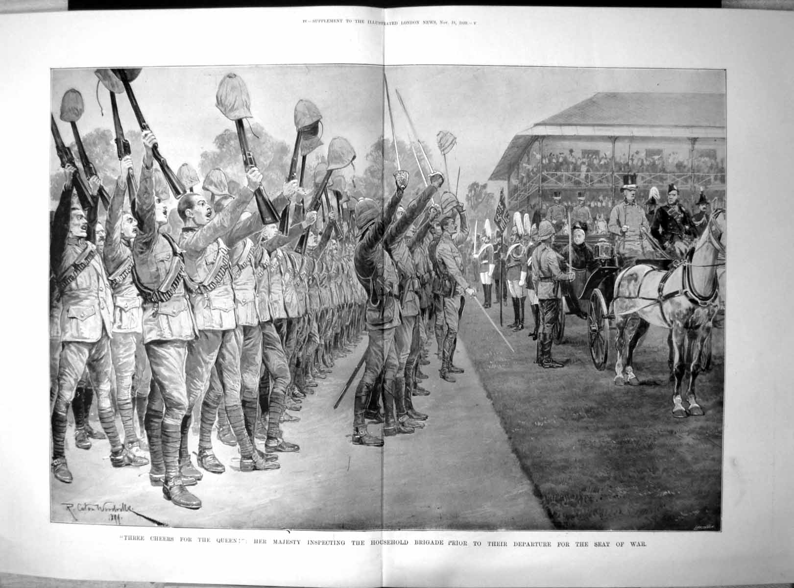 Original Old Antique Print Queen Inspecting HousehBrigade Depart Seat War 1899