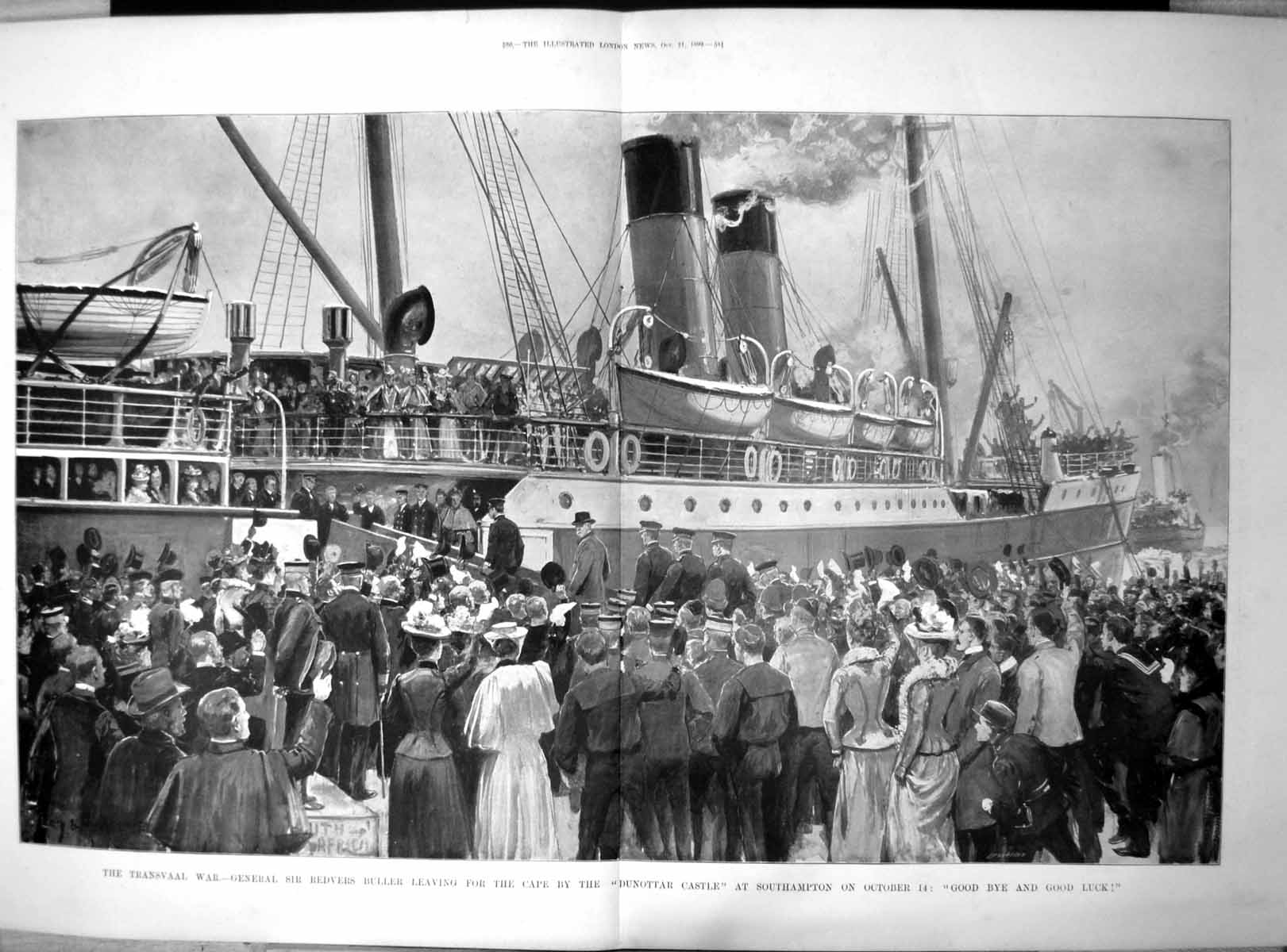 Original Old Antique Print Gen Redvers Buller Leaving Cape Dunottar Castle 1899