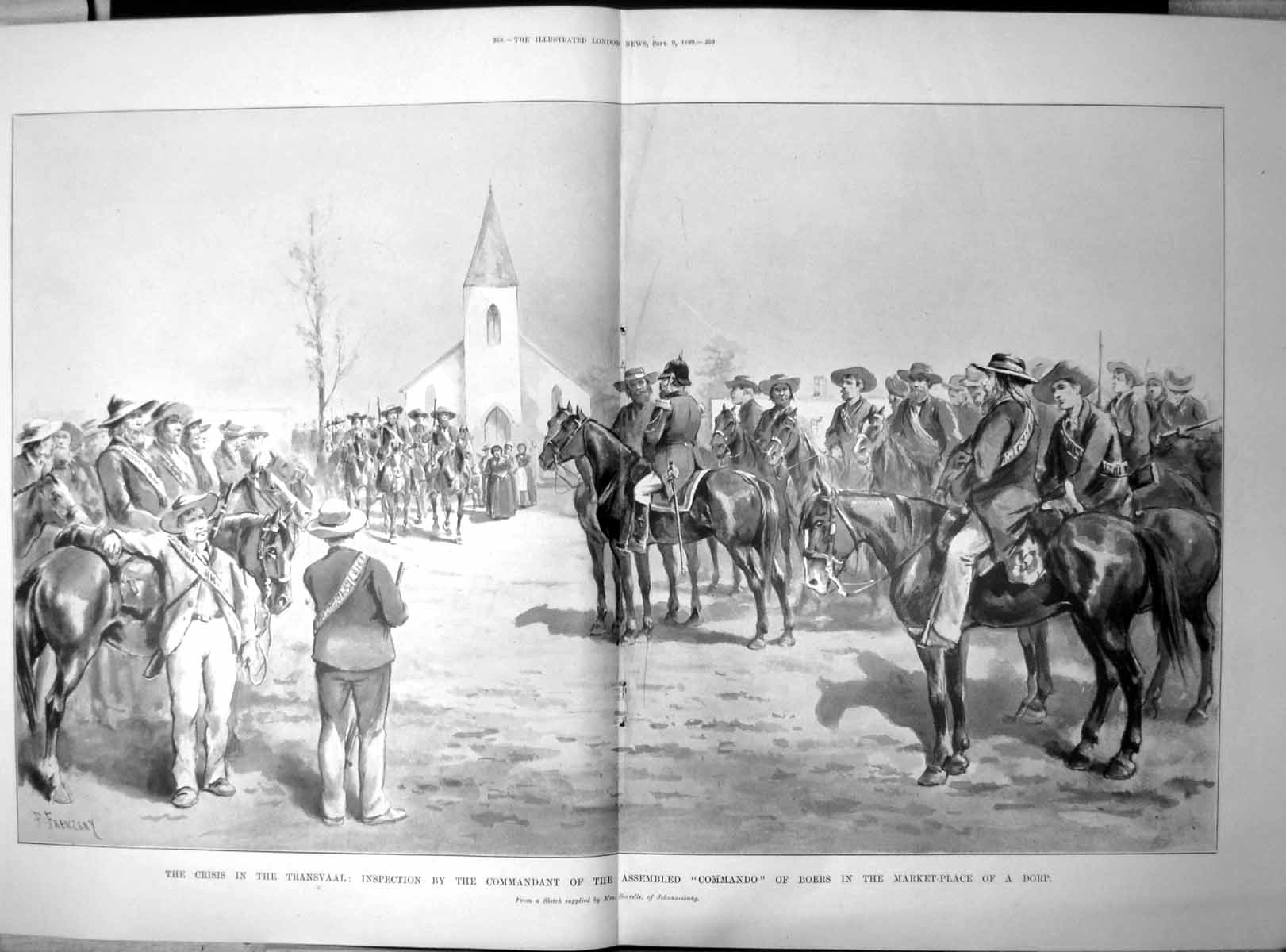 Antique Old Print Inspection Commando Boers Market Place Dorp Transvaal 1899