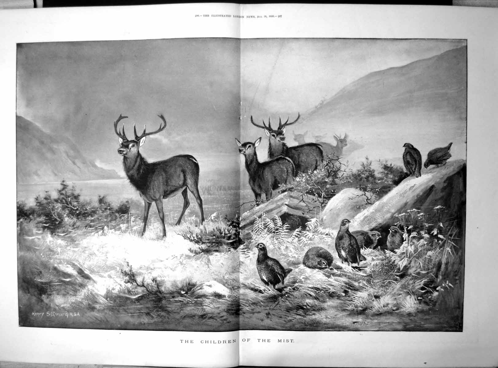Original Old Antique Print Children Mist Henry Stannard Deer Stags Grouse 1899