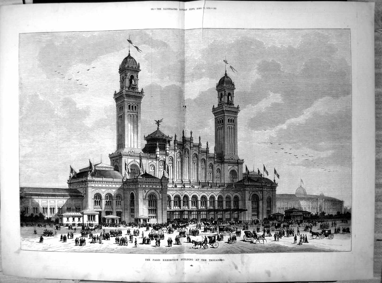 Original Old Antique Print Paris Exhibition Building Trocadero Seine 1878 19th