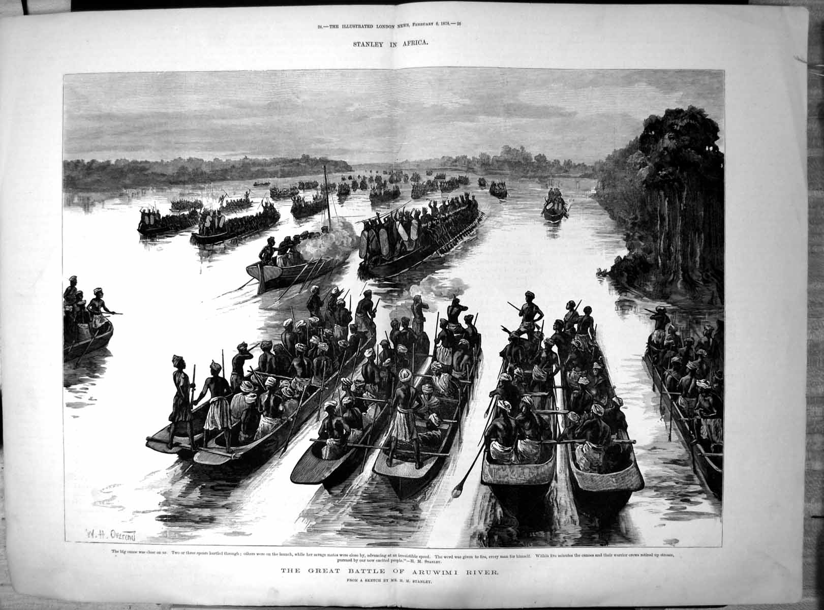 Old Print Stanley Africa Great Battle Aruwimi River Canoes Warriors 1878 19th