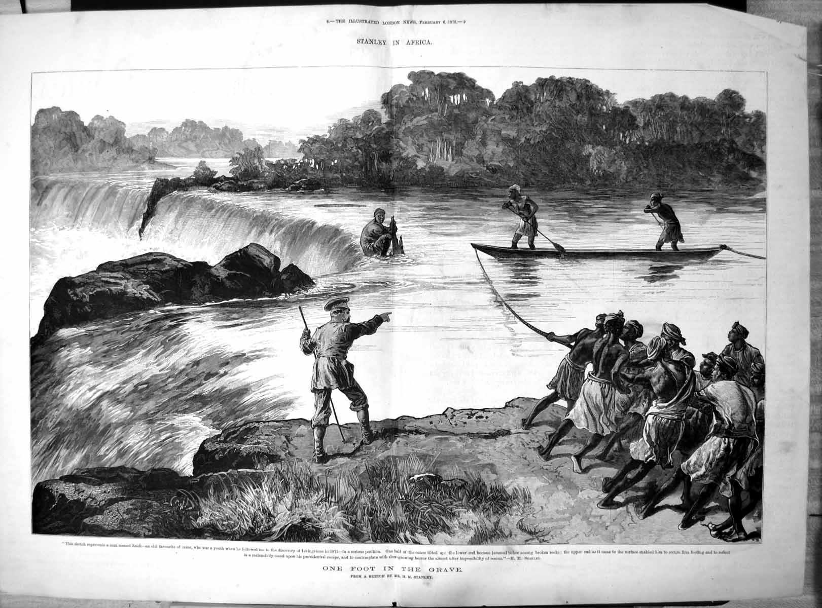 Antique Print Stanley Africa One Foot Grave Zaidi Escape Tilted Canoe 1878 19th