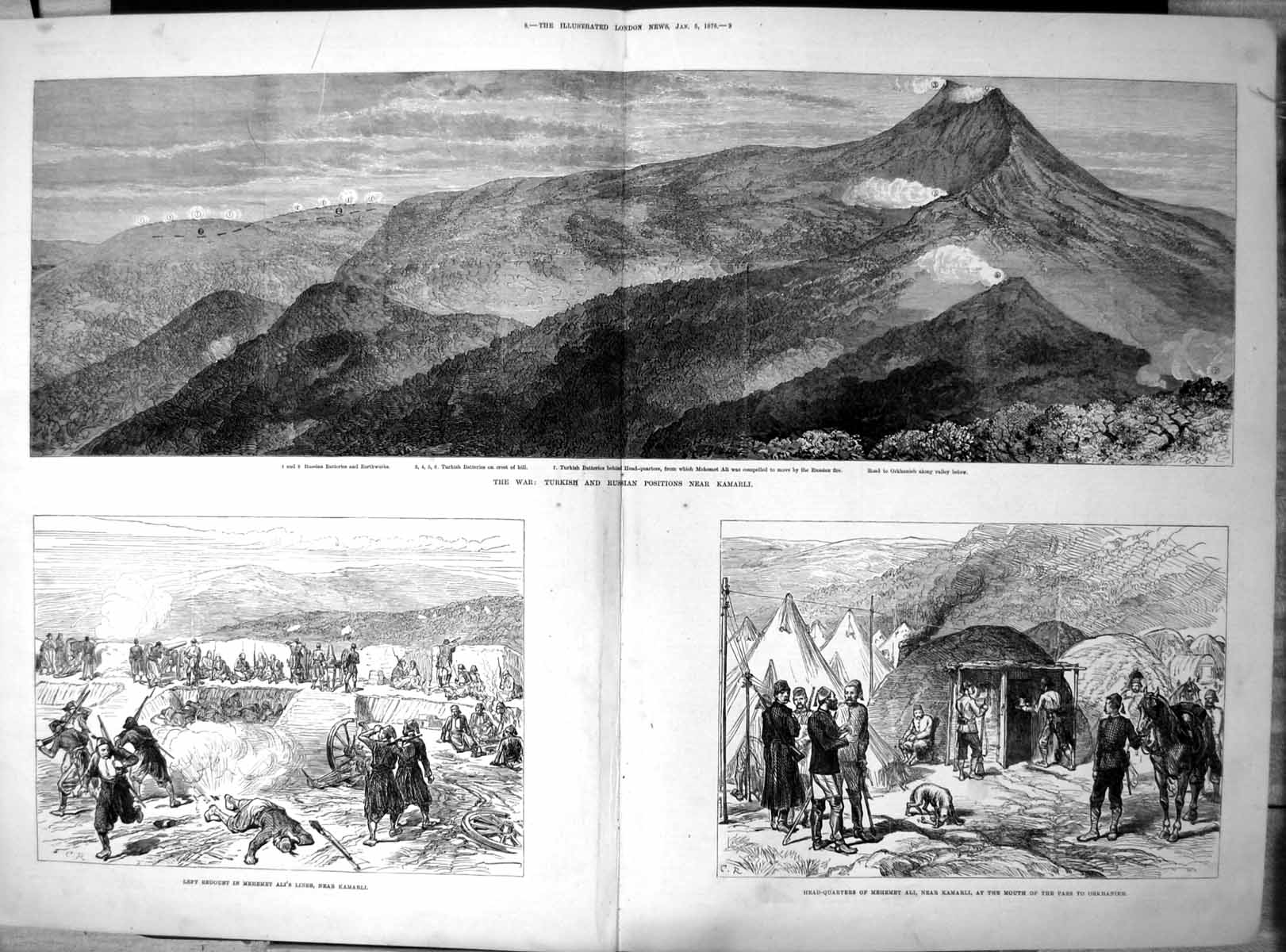 Antique Print War Turkish Russian Positions Kamarli Turkish Batteries 1878 19th