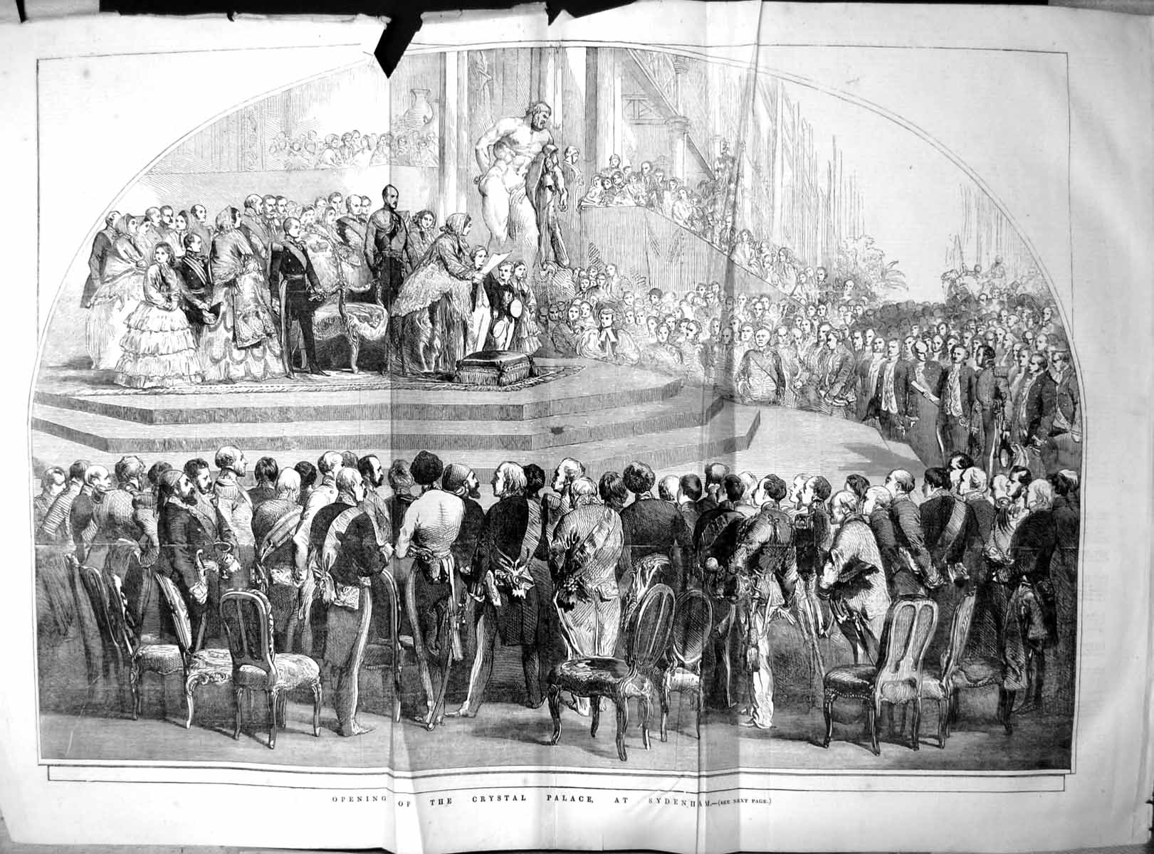Original Old Antique Print Opening Crystal Palace Sydenham Ceremony Queen 1854