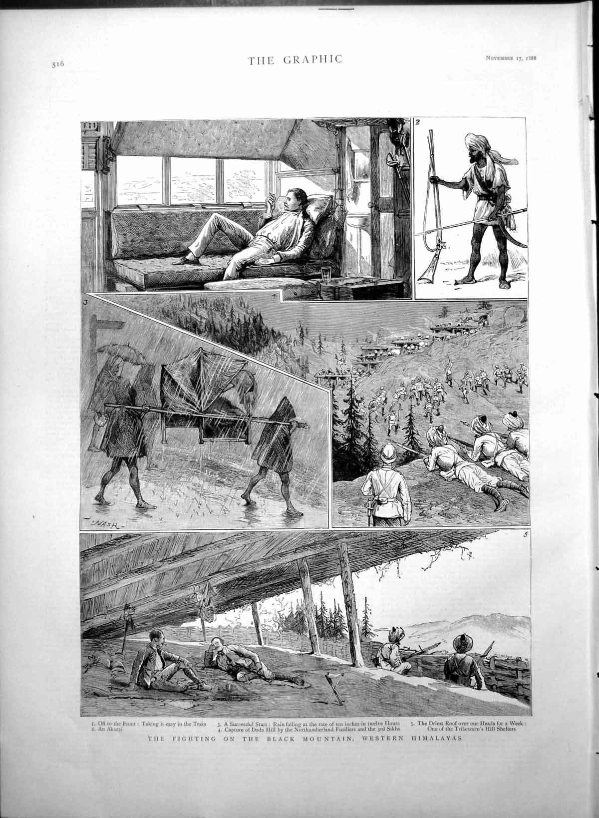 Old Antique Print Fighting Black Mountain Western Himalayas Akazai 1888 19th