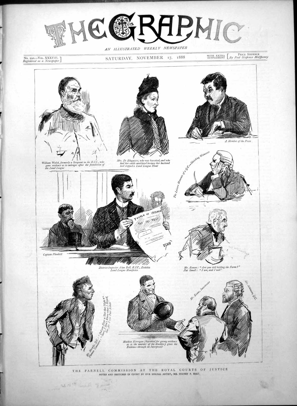 Antique Old Print Parnell Commission Royal Courts Justice Land League 1888 19th
