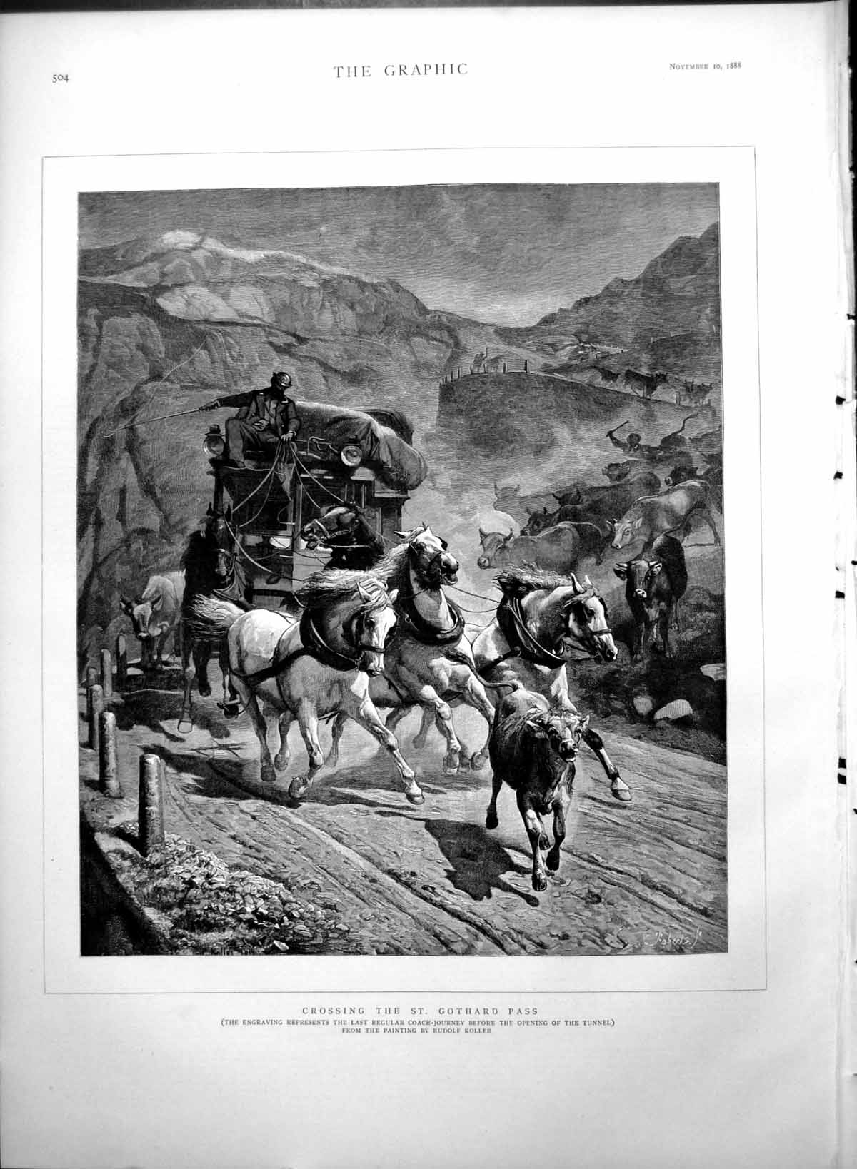 Old Print Crossing St Gothard Pass Last Coach Journey Before Tunnel 1888 19th