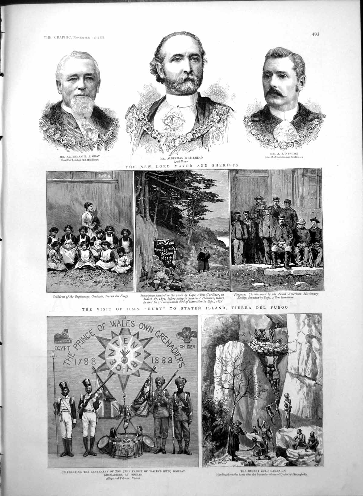 Antique Old Print Hms Ruby Staten Island Tierra Del Fuego New Lord Mayor 1888