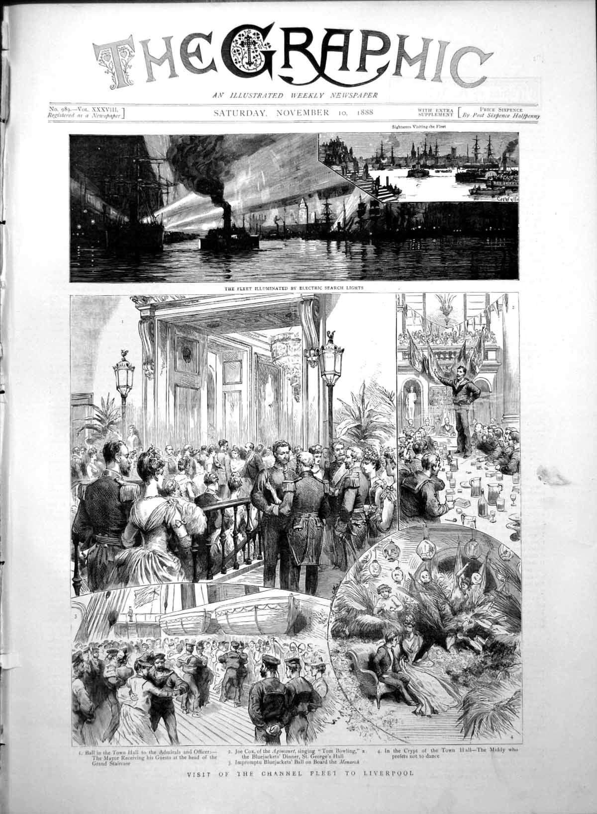 Antique Print Visit Channel Fleet Liverpool Ball Town Hall Bluejackets 1888