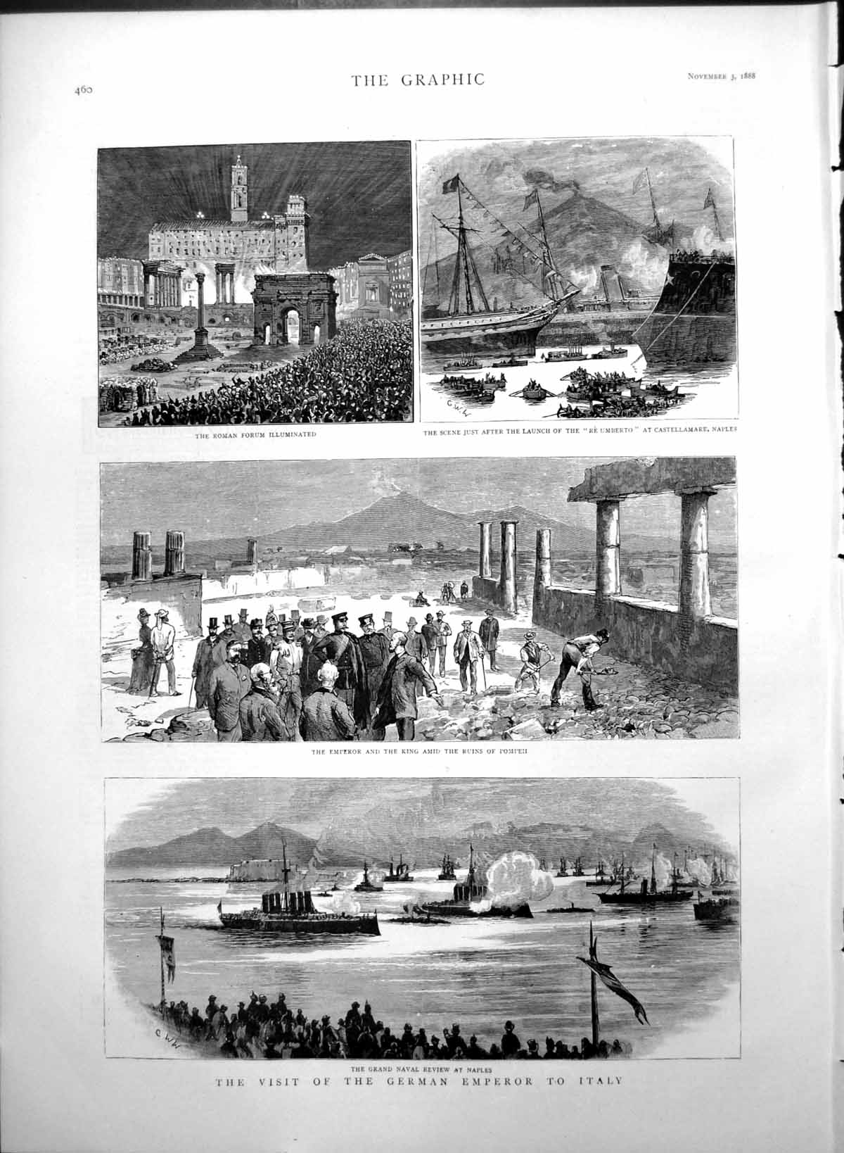 Antique Old Print Visit German Emperor Italy Naval Review Naples Pompeii 1888