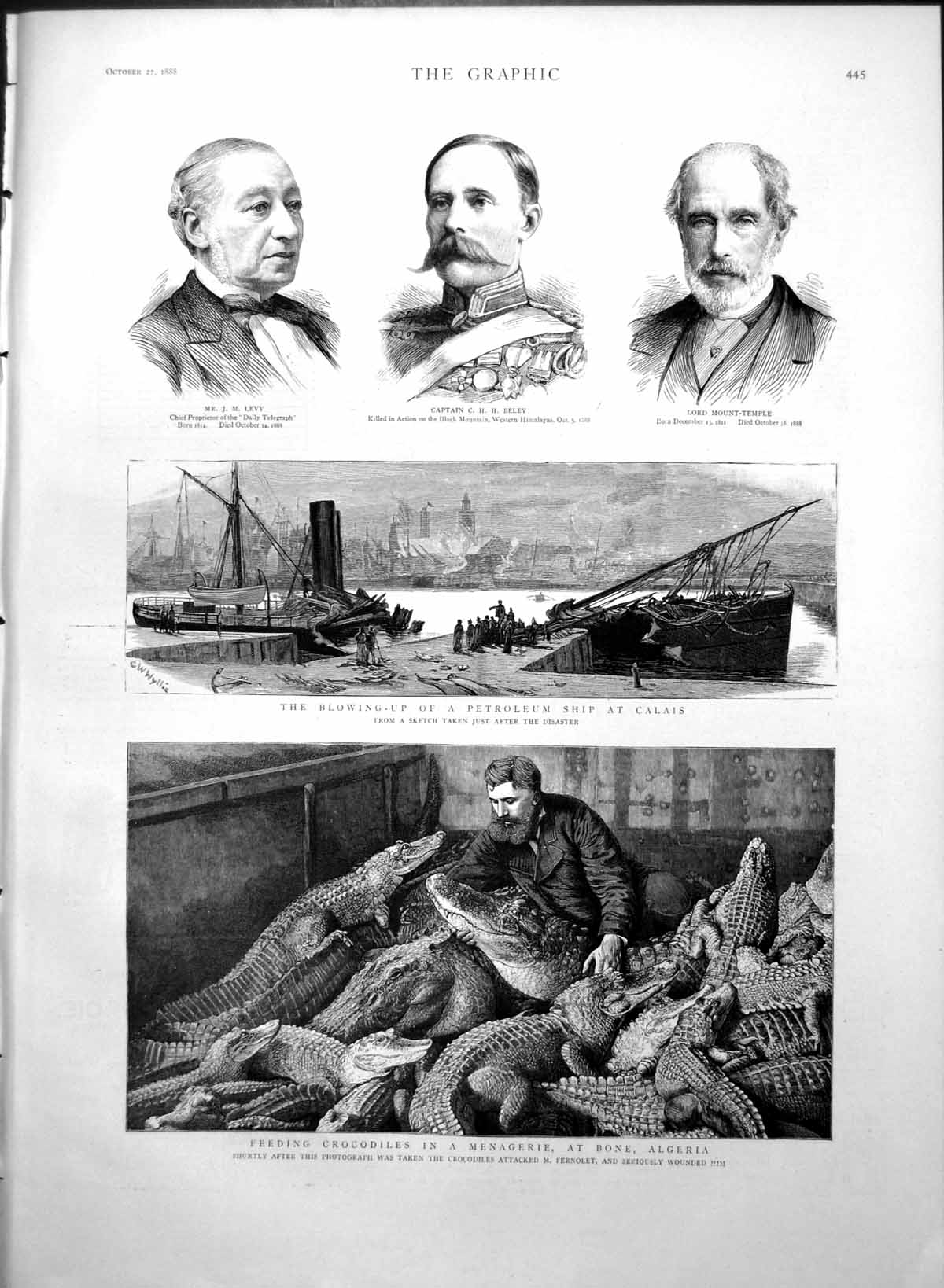 Old Print Blowing Up Petroleum Ship Calais Feeding Crocodiles Algeria1888 19th