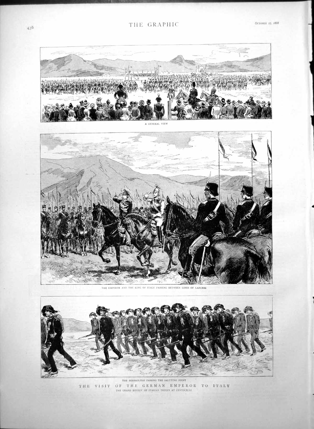 Antique Old Print Visit German Emperor Italy Italian Troops Centoceili 1888