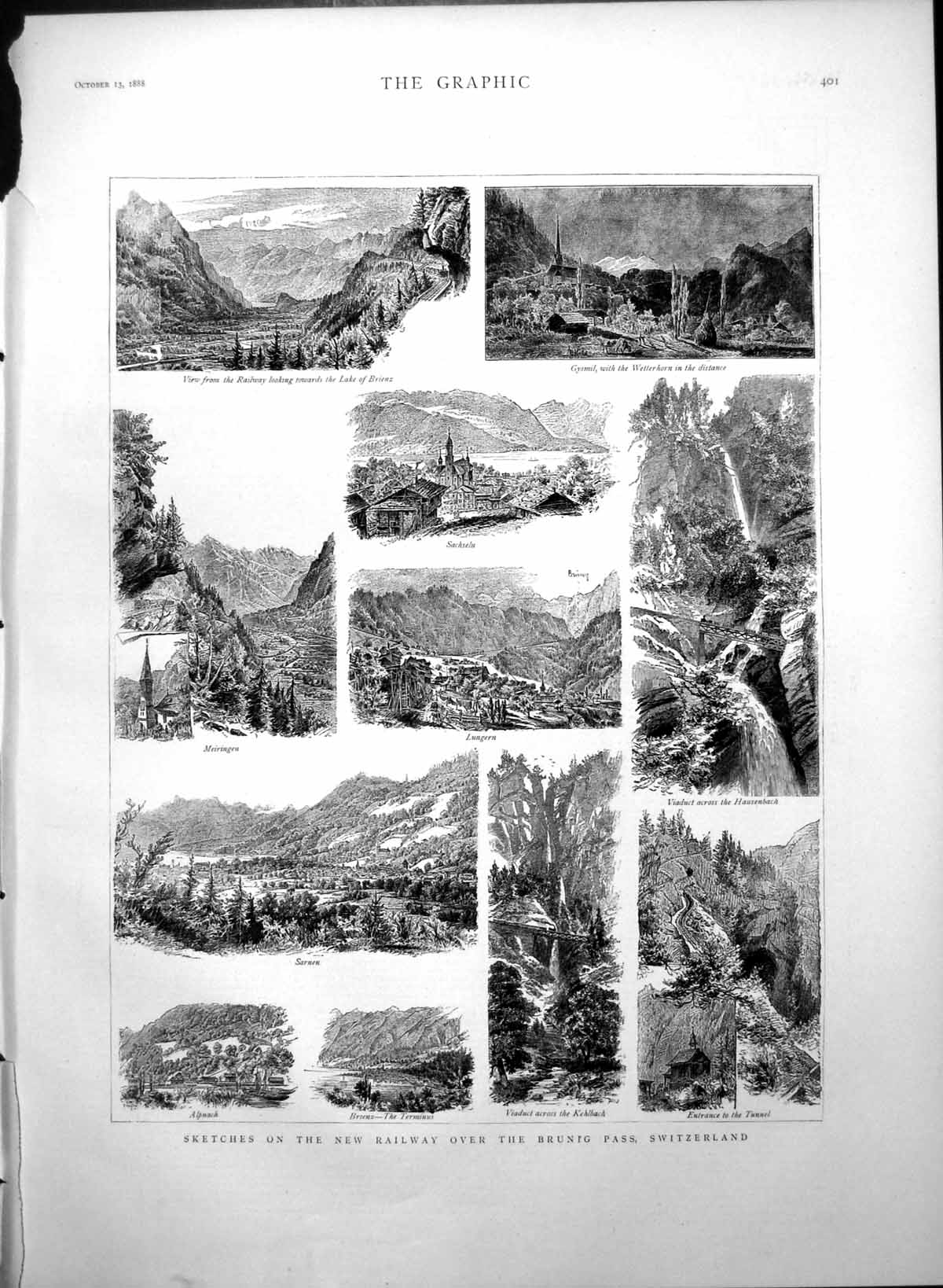 Antique Old Print New Railway Brunig Pass Switzerland Brienz Sachseln 1888 19th