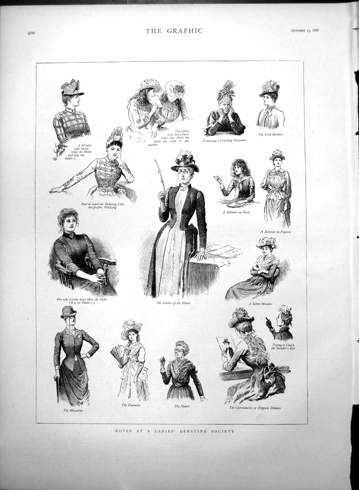 Antique Old Print Ladies Debating Society Leader Silent Member Speaker 1888