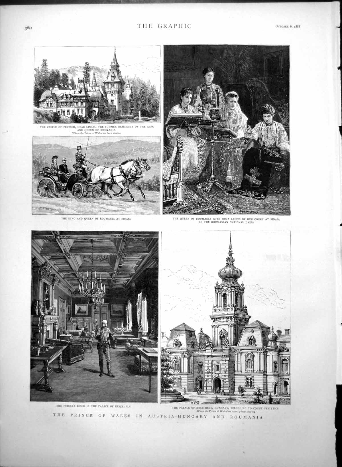 Antique Old Print Prince Wales Austria Hungary Roumania Castle Pelesch 1888