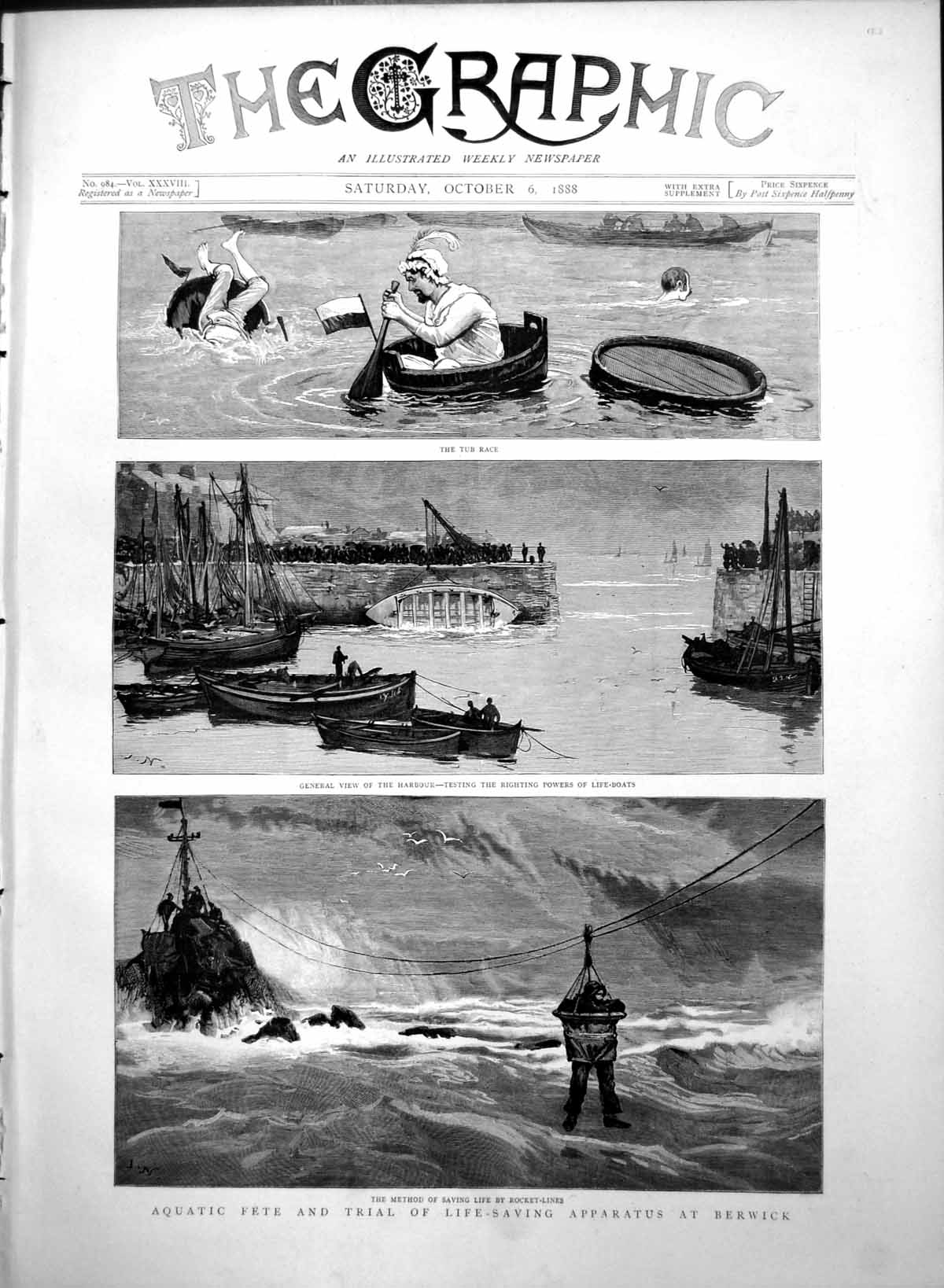 Old Print Aquatic Fete Trial Life Saving Apparatus Berwick Lifeboats 1888 19th