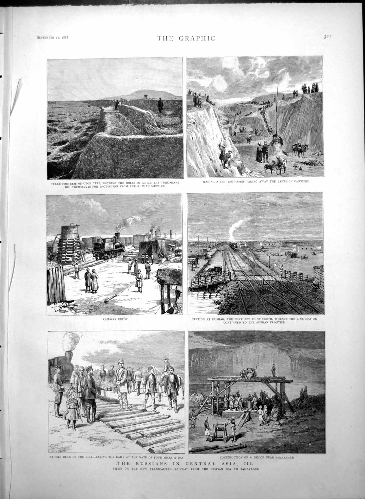 Antique Old Print Russians Central Asia New Transcaspian Railway Dushak 1888