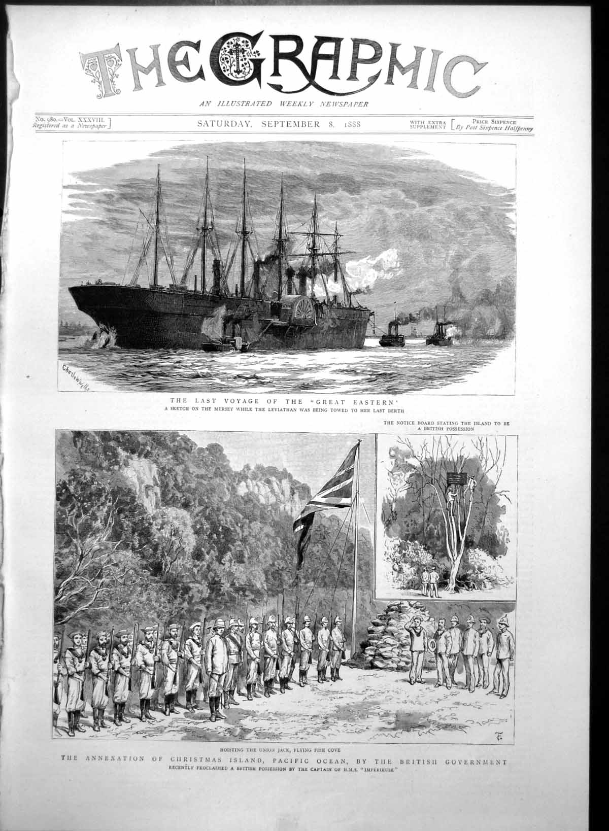Antique Old Print Last Voyage Great Eastern Annexation Christmas Island 1888